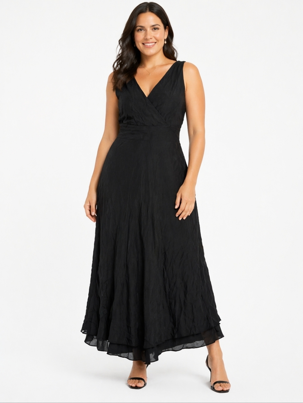 Chadwicks Black Silk Midi Dress Size 12P Sleeveless V-Neck Elegant.